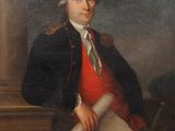 un vieux tableau représentant un homme vêtu d'un manteau rouge tenant un rouleau