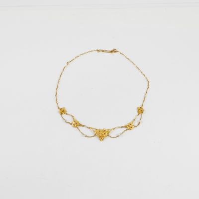 gros plan d'un collier en or sur une surface blanche