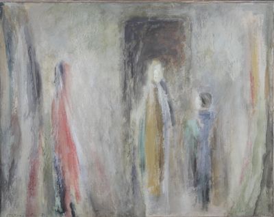 une peinture à l'huile représentant une femme debout devant un miroir