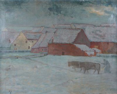 painting of a farm scene with cows in a snow covered field