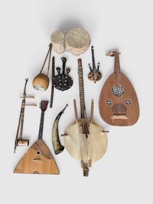 several musical instruments are arranged on a white surface