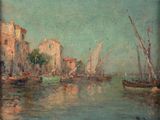 painting of boats in a harbor with buildings in the background