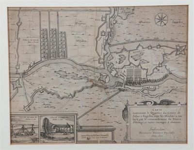 une vieille carte représentant une ville avec une rivière et une autre ville au milieu
