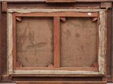 an old wooden box with a painting on the inside of it