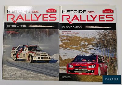 deux livres consacrés aux voitures de rallye, exposés sur un fond blanc
