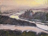 une peinture à l'huile représentant une rivière coulant dans un champ verdoyant