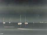 painting of a group of sailboats floating in the ocean under a dark sky