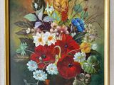 an oil painting of a vase of flowers on a table