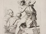 an old black and white drawing of a man with a cane