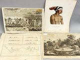 three old postcards of native men and a map of the area