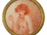 an old picture of a woman with red hair in a gold frame