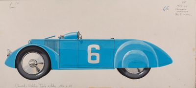 drawing of a blue car with a number six on the side