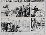 an image of a black and white comic strip with a picture of a man riding a horse