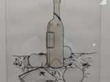 a drawing of a bottle of wine on a table