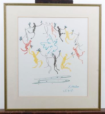 framed drawing of a group of people running in a circle