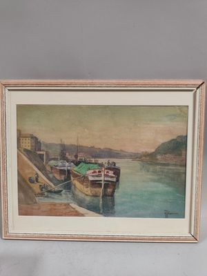 peinture de bateaux amarrés dans un port avec des bâtiments en arrière-plan
