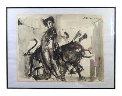 an image of a painting of a man riding a bull