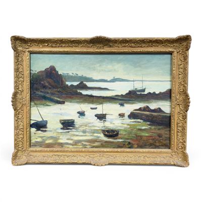a painting of boats in a body of water
