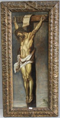 Ecole du XVII° : Christ mort sur la croix représenté avec la…