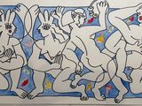 drawing of a group of naked men playing instruments in front of a blue background