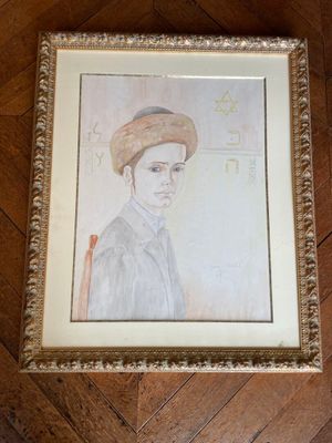 painting of a man in a hat on a wooden floor