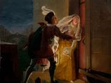 une image représentant un tableau où l'on voit un homme et une femme sur un balcon, la nuit