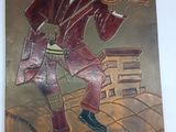 painting of a man in a red suit and hat on a wall