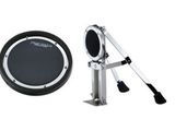 a close up of a drum kit with a microphone on a white background