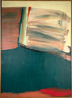 abstract painting of a boat on a blue body of water