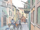 painting of a man riding a horse down a street next to a building