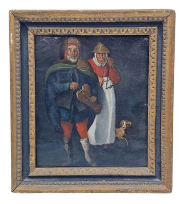 un vieux tableau représentant un homme et une femme accompagnés d'un chien