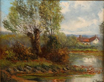 une peinture à l'huile représentant une rivière avec une maison en arrière-plan