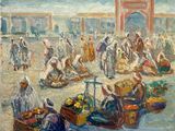 une peinture à l'huile représentant un groupe de personnes se promenant dans un marché