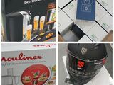 several pictures of a box of food and a helmet on a table
