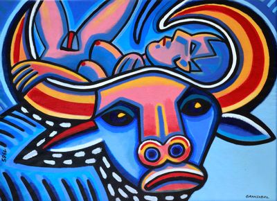 a painting of a bull with a man laying on it