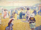 an image of a painting of people on a beach with umbrellas