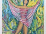 a painting of a woman in a pink dress with her arms outstretched