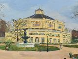 a painting of a building with a fountain in the middle of it