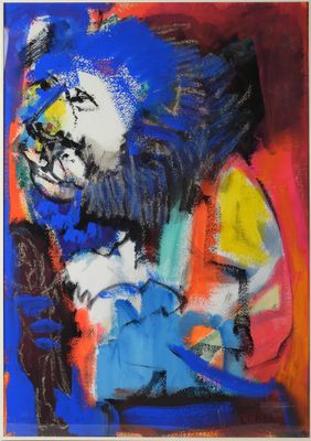 an abstract painting of a man with a beard and a blue shirt