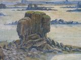 painting of a rocky outcropping with a body of water in the background