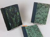 three books are sitting on a white surface, one is green and the other is blue