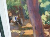 un tableau représentant deux personnes assises sur un banc dans les bois