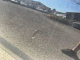 a reflection of a person walking down the street
