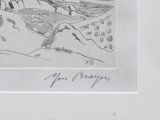 drawing of a man riding a horse in a mountainous landscape