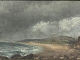 painting of a view of a beach with rocks and a body of water in the foreground