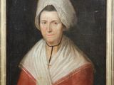 an old painting of a woman in a red and white dress