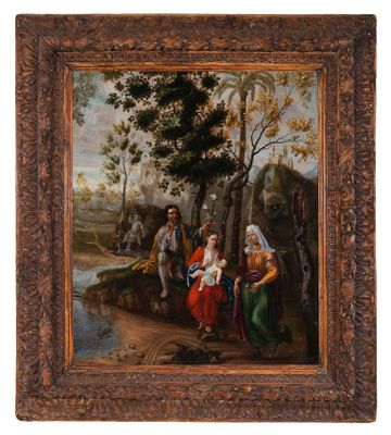 une peinture représentant un groupe de personnes dans un cadre boisé