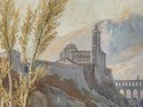 a painting of a castle on a hill with a bridge in the background