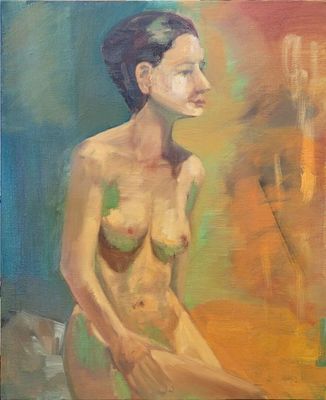 an oil painting of a nude woman sitting on a chair