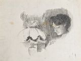 a drawing of a woman looking at a birdcage